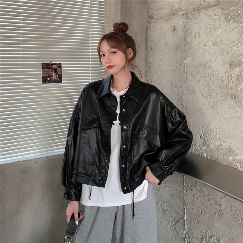 

2020 Fashion Women'S Loose Short Locomotive Suit Long Sleeve PU Leather Jacket Women